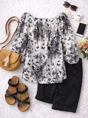 Ester & Orchards 2X Linen Blend Botanical Peasant Top Black White